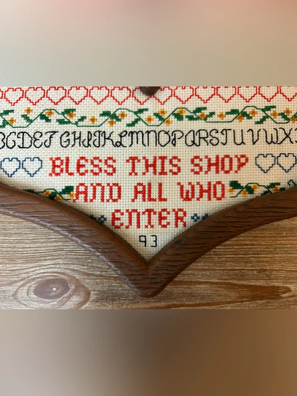 Vintage 90s - Bless This Shop and All Who Enter - Cross Stitch Heart Wood Frame
